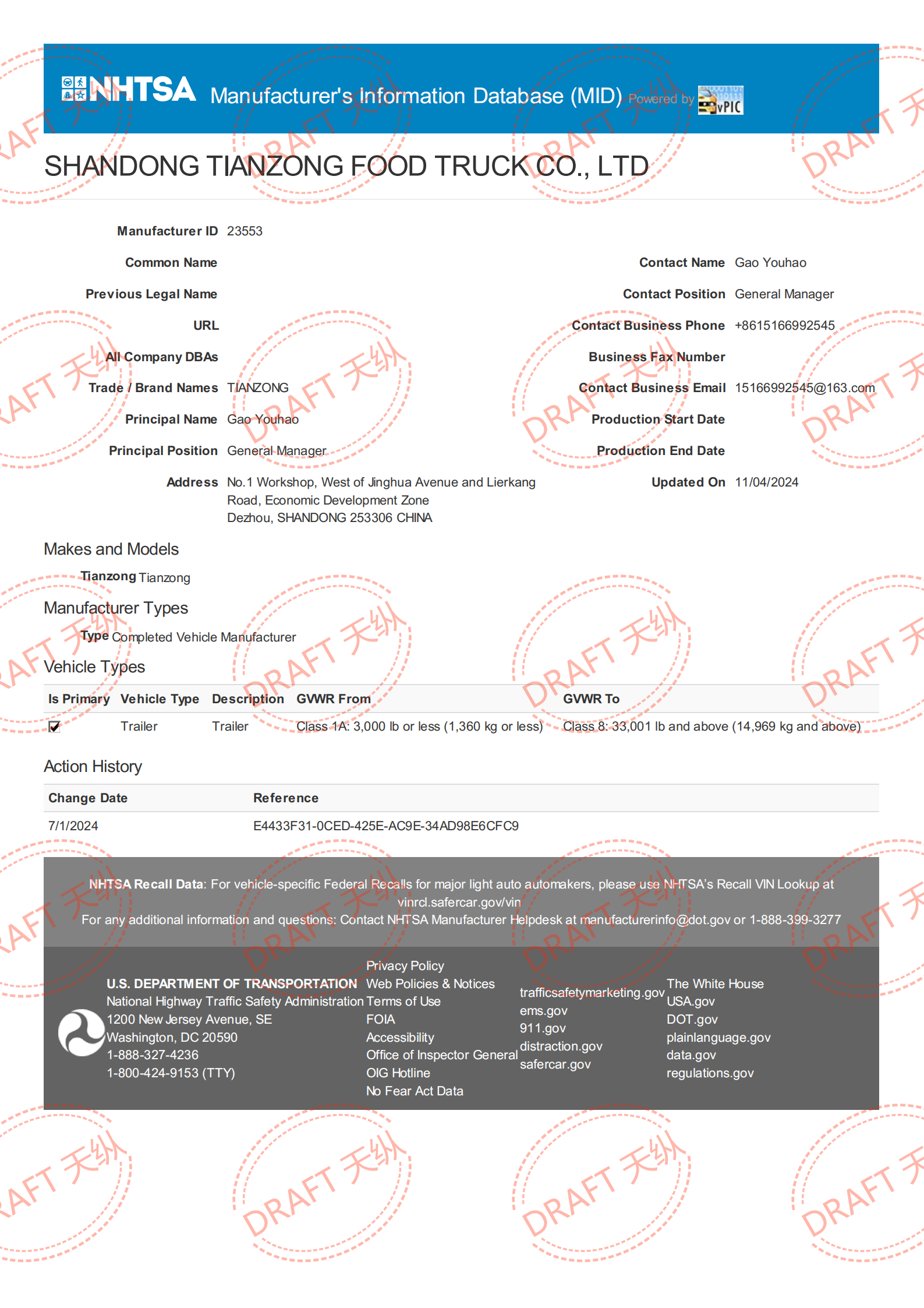 DOT certification document